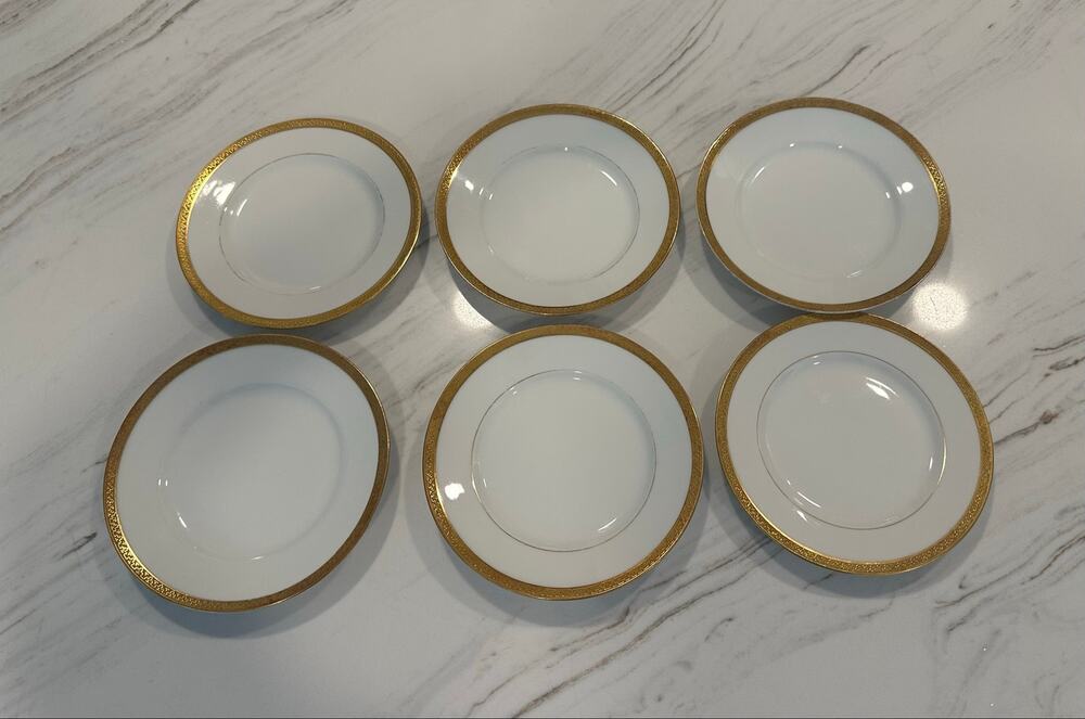 Antique Coronet Limoges France Gold Encrusted 6” Side Plates Set of 6 c 1906-20